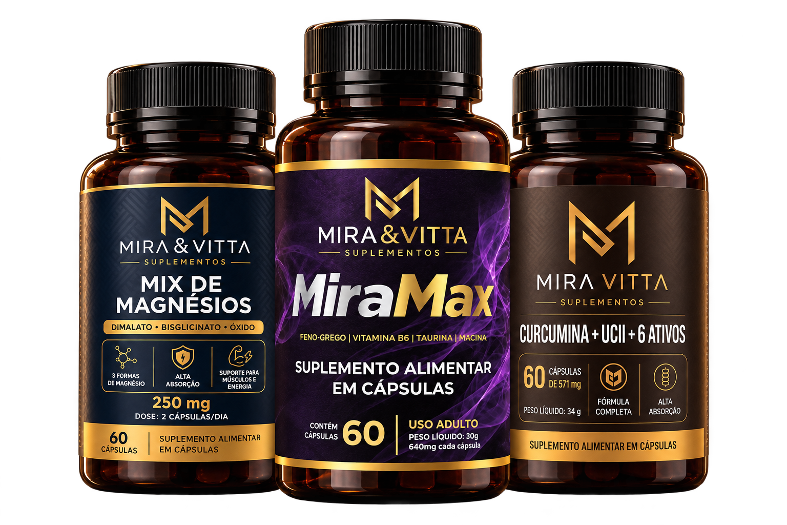 Os três produtos Mira&Vitta juntos: Mix de Magnésios, MiraMax ao centro e Curcumina + UCII + 6 ativos